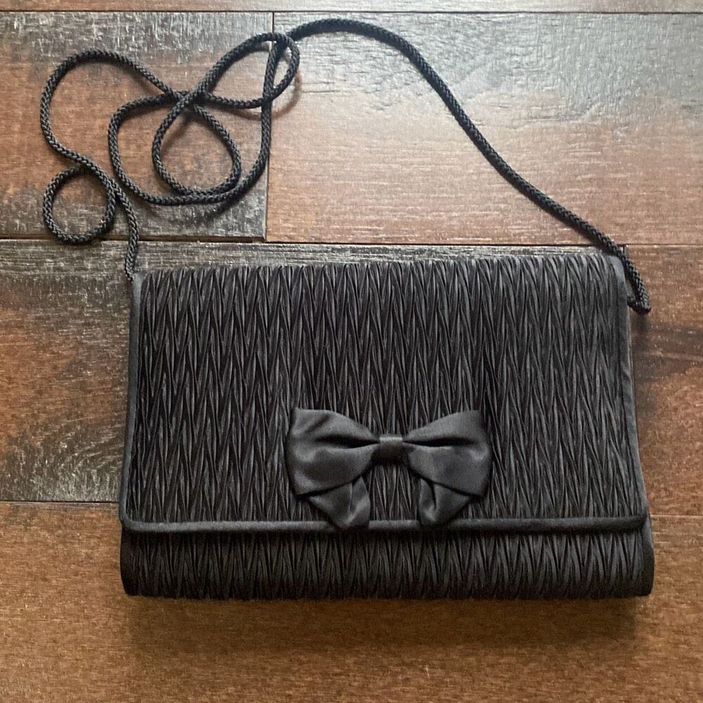 Carla Marchi clutch evening bag black bow prom wedding satin